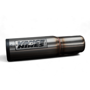 Stainless steel motorcycle exhaust muffler with a Vance & Hines logo on a black background
