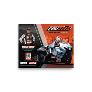 RevZilla promotional banner featuring racer Richard Gadson beside a Suzuki sportbike, with the 'Moto Dreams, Delivered' branding.