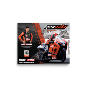 Motorcycle race poster with an orange Suzuki bike and rider, featuring the RevZilla logo and sponsor branding (Moto Dreams Delivered).