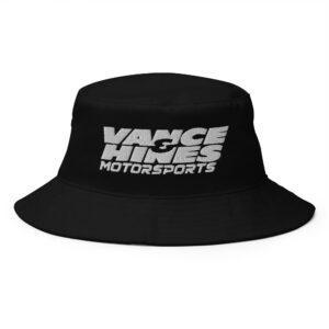 Black bucket hat with a white embroidered 'VANCE & HINES MOTORSPORTS' logo across the front