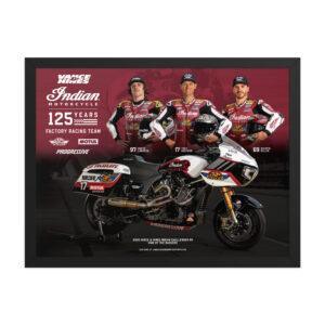 Framed poster showing three Indian Motorcycle factory racers in red gear on a maroon background, with '125 Years' text on the left.