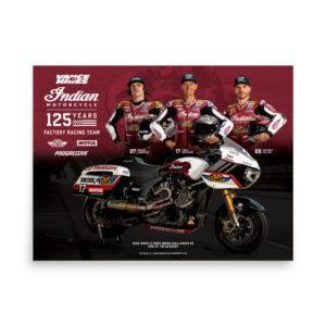 Poster of the Indian Motorcycle factory racing team with three riders and a race bike, maroon background and '125 Years' branding