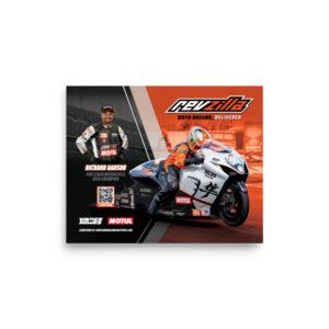 Promotional motorsport poster with a race rider on a white Suzuki sport bike, orange racing gear, and a man in a black suit on a black-orange panel.