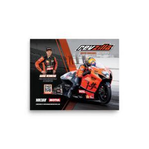 Promotional poster featuring an orange Suzuki racing motorcycle and rider in racing suit with sponsor logos (Motul) and a QR code on the left side.