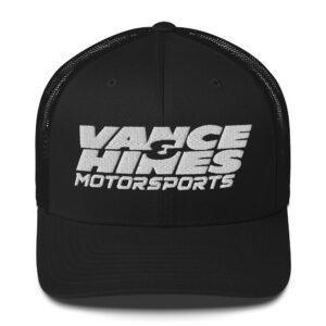 Black trucker cap with white embroidered 'Vance & Hines Motorsports' logo on the front panel