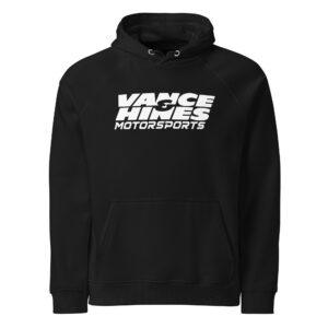 Black pullover hoodie featuring a large white 'Vance Hines Motorsports' logo across the chest with drawstrings at the hood.