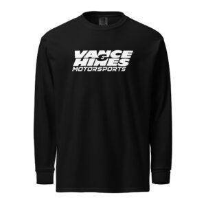 Black crewneck sweatshirt with a bold white Vance & Hines Motorsports logo on the front.