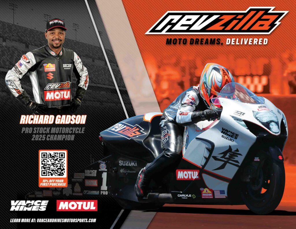 Richard Gadson in a black-and-silver racing suit stands beside a Suzuki Pro Stock Motorcycle on a split black/orange banner.