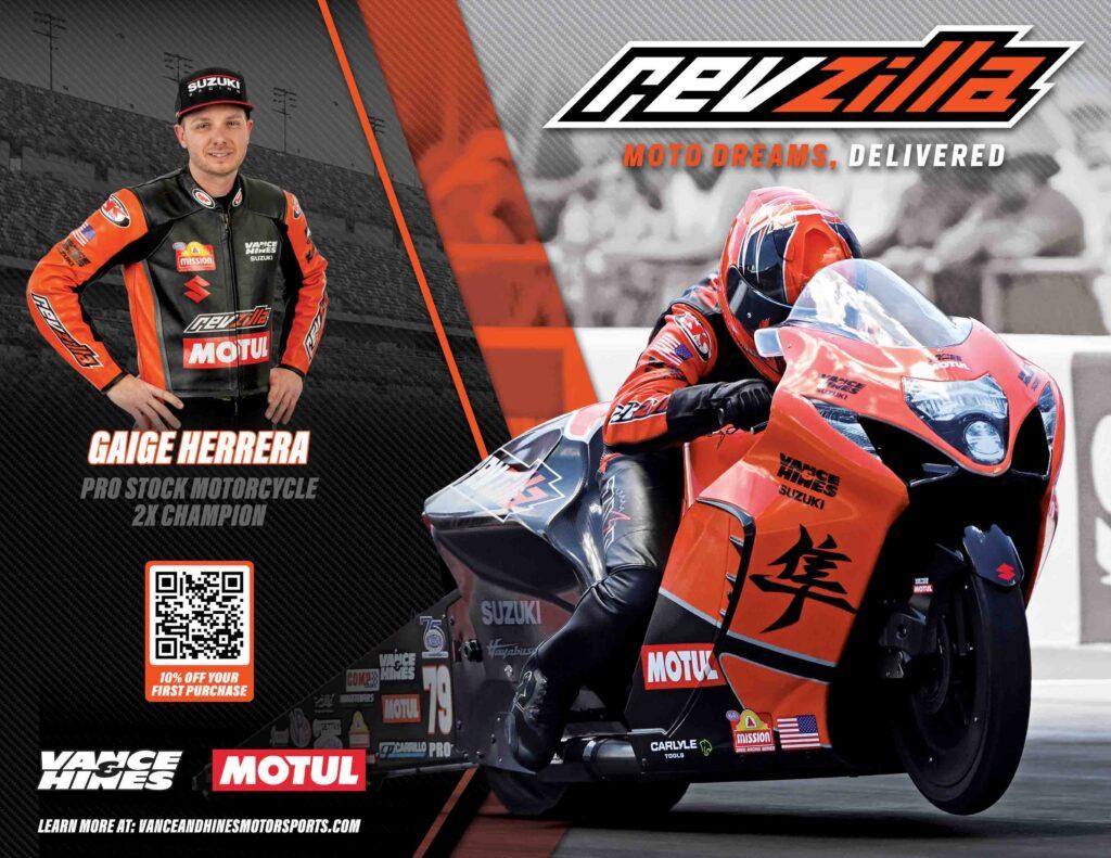 Promotional banner featuring rider Gaige Herrera in a black and orange racing suit beside a red Suzuki motorcycle with sponsor logos Motul and Vance & Hines.